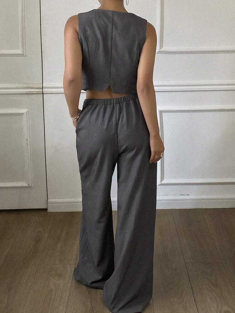 2pcs/Set Women Solid Fitting Short Vest & Elastic Waist Long Pants Elegant Vintage Suit, Spring & Summer