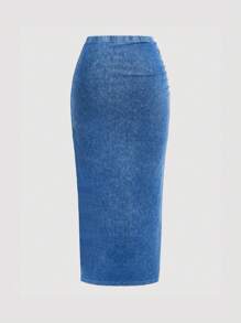 SHEIN MOD Plus Size Stretchy Ruched Denim Midi Skirt, Casual Blue Tight-Fitting Denim - Medium Wash - View 2