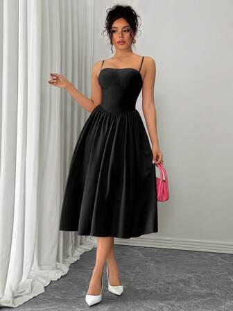 Rafferiza 时尚百搭约会派对细肩带腰部喇叭形优雅黑色连衣裙，适合女士，秋冬季