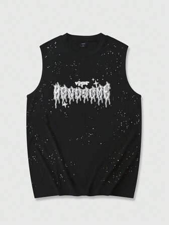 Grunge Punk Men's Rhinestone Letter Print Casual Sleeveless Vest, Simple & Fashionable For Everyday Wear