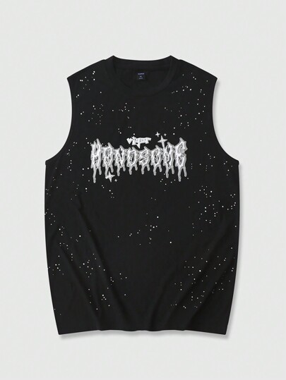 Grunge Punk Débardeur décontracté d'homme avec impression de lettre strass, simple et pour un port quotidien