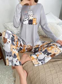 Cute Cat Print Women Pajama Set, Fall Winter Clothes - Multicolor - View 5