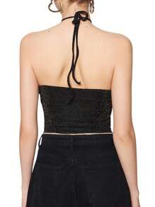 SHEIN EZwear Áo crop top không tay xếp ly cổ tròn màu trơn dành cho nữ - màu đen - Xem 2