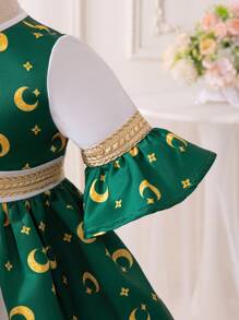 SHEIN Vestido de manga corta con bloques de color y patrón de luna lindo para bebé niña, para verano - Verde - Ver 8