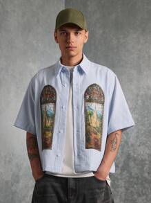 SUMWON Áo sơ mi vải seersucker cổ bẻ, tay ngắn cài nút họa tiết lâu đài nghệ thuật, họa tiết cửa sổ kính màu, thiết kế Gothic thời trung cổ, nhẹ, thoáng khí, mùa hè, mùa xuân - Xanh và trắng - Xem 1