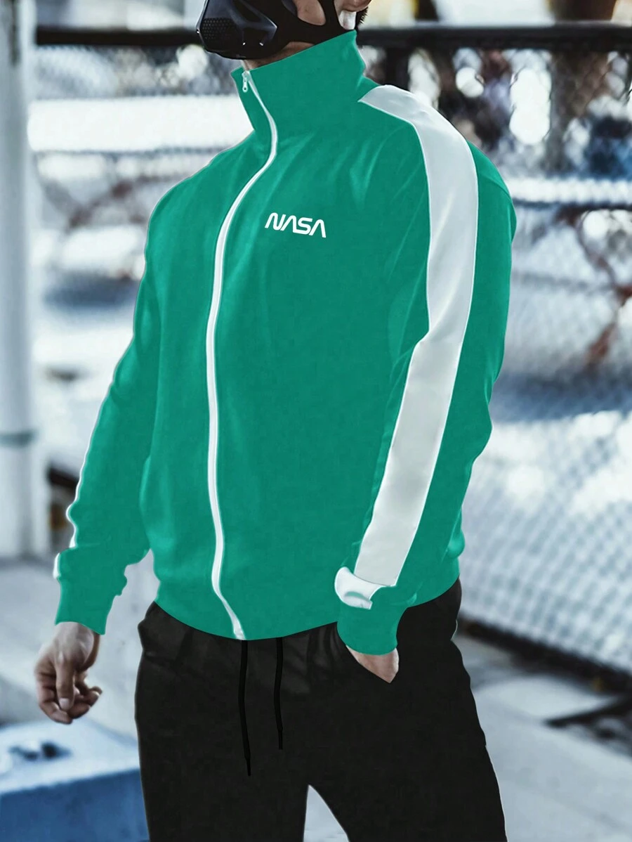 Manfinity Sport Corelite 男士纯色拉链前撞色拼接休闲运动夹克，简约设计 - 綠色 - 查看 1