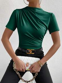 Chiquease Solid Color Round Neck Short Sleeve Casual T-Shirt - Dark Green - View 3