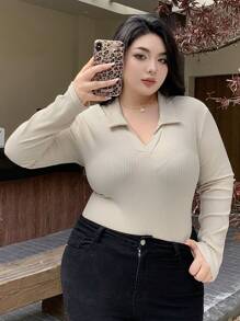 Dazy Plus V-Neck Ribbed Fabric Fitted Long Sleeve T-Shirt, Spring/Summer/Autumn - Apricot - View 4