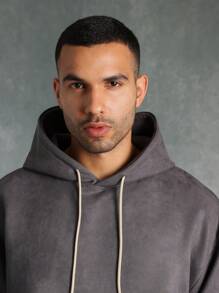 SUMWON Suedette Streetwear Pullover Hoodie With Drawstring Kangaroo Pocket Autumn Winter Casual Athletic Wear Loungewear Everyday Basic Essential - Dark Grey - View 4