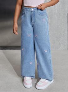 SHEIN Tween Girls Sweet & Cute Collegiate Style Pink Bow Embroidered Loose Comfortable Casual Wide Leg Jeans