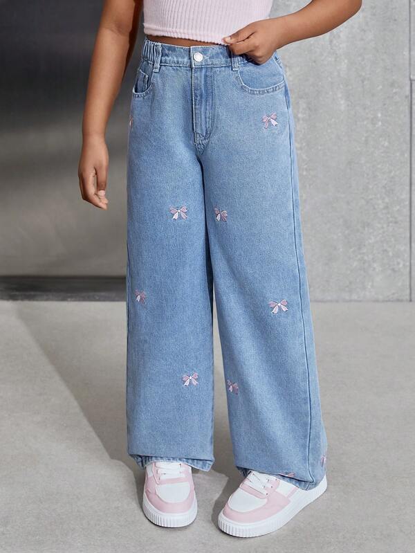 Tween Girls Sweet & Cute Collegiate Style Pink Bow Embroidered Loose Comfortable Casual Wide Leg Jeans
