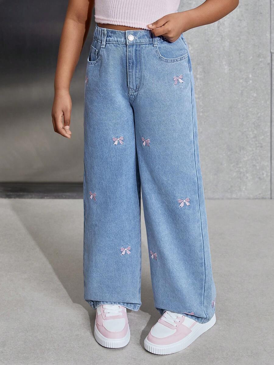 SHEIN Tween Girls Sweet & Cute Collegiate Style Pink Bow Embroidered Loose Comfortable Casual Wide Leg Jeans