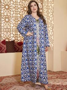 Al Najma Robe de kaftan longue imprimée, patchwork de sequins, style grande taille pour femmes