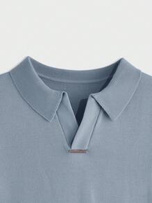AKNOTIC Business Casual Áo thun dệt kim cổ polo tay ngắn màu trơn cho nam mặc mùa thu/đông, đi học - Màu xanh lam - Xem 3