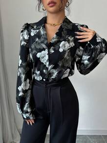 Modelyn 女士优雅编织花卉印花翻领宽松长袖上衣和裤子 2 件套 - 黑色 - 查看 5