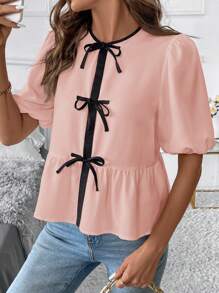 SHEIN Clasi Women's Summer Colorblock Tie Front Short Puff Sleeve Ruffle Hem Cute Peter Pan Collar Blouse - Pink - View 1