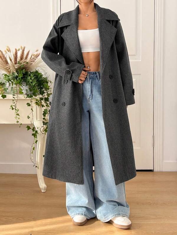 SHEIN EZwear Casaco casual longo de manga comprida com lapela e gola alta feminina, outono/inverno