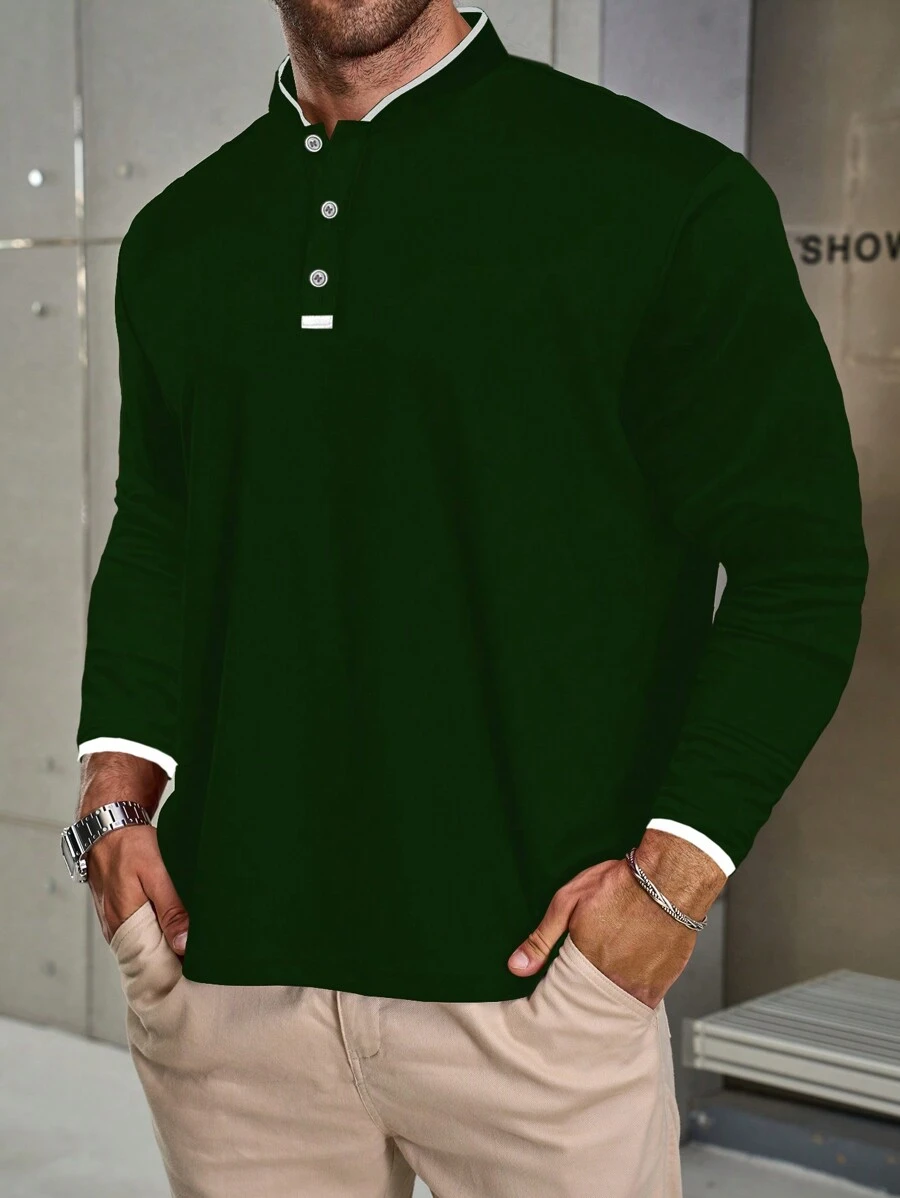 Manfinity Homme Plus Size Men's Casual Contrast Trim Polo Shirt For Autumn - Dark Green - View 1