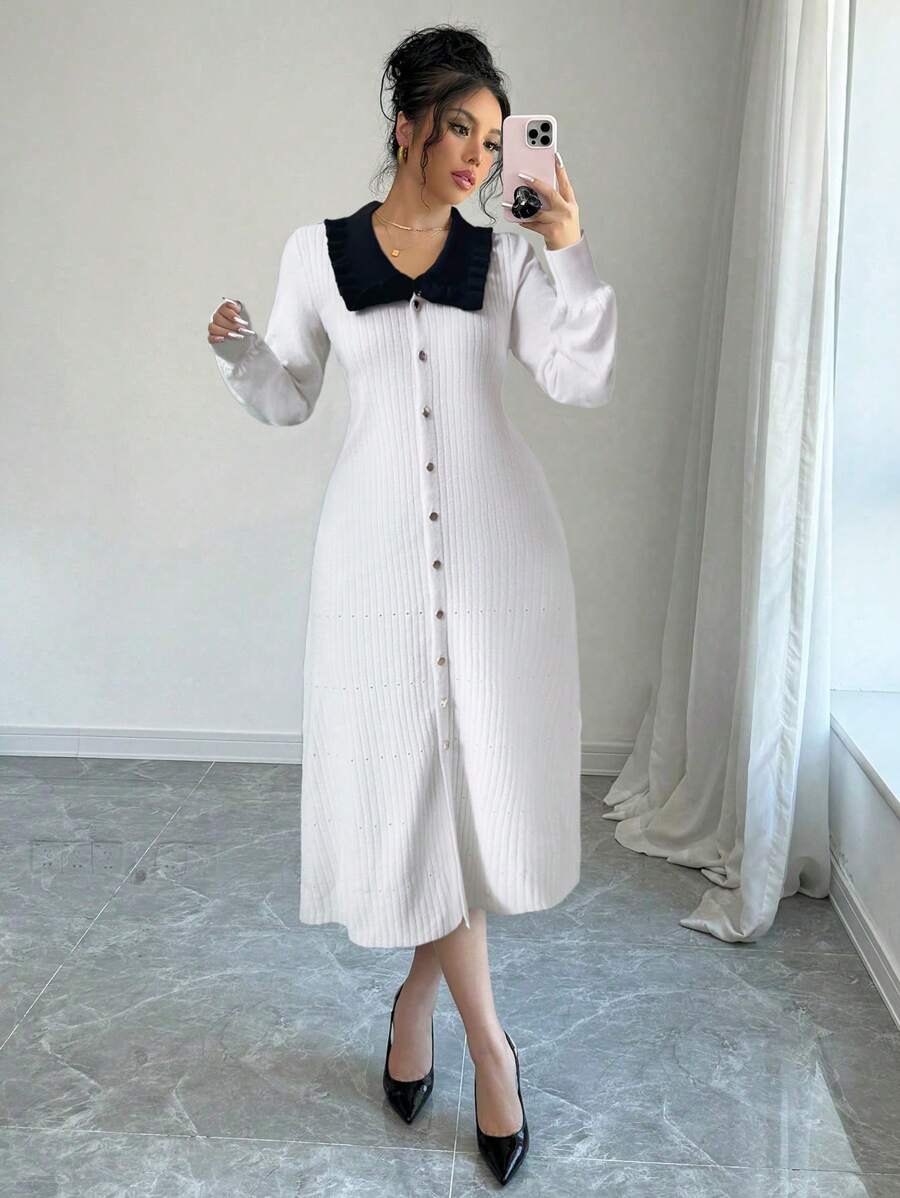 Chiquease Nuevo vestido de punto con mangas abullonadas, ajustado y de longitud media, con volantes y bloques de color, para damas - Blanco - Ver 1