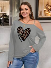 SHEIN LUNE Leopard Print Heart Graphic Casual Loose Fit Off Shoulder Plus Size T-Shirt, Spring/Autumn,Valentine's Day