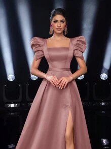 Glamrae Vestido formal elegante de línea A con abertura alta, cuello cuadrado y mangas abultadas, adecuado para citas, fiestas de solteros, bodas, eventos y ocasiones formales, vestido para invitada de boda, vestido de fiesta, vestido de noche, vestido de gala