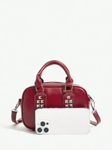 SHEIN ICON 女士时尚朋克铆钉手提包、街头风格单肩包、Y2K 时尚 - 紅色 - 查看 5