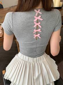 DAZY Áo thun nữ tay dài họa tiết nơ trang trí mới mùa hè - Xám - Xem 7