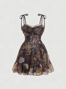 SHEIN MOD 大码复古全身花卉印花华丽二合一连衣裙，配有可拆卸多条裙子 - 宫廷风格、生日礼服、巡游礼服、堆叠礼服、万圣节礼服，适合夏季 - 橘色 - 查看 5