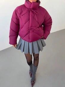 Aloruh Women's Solid Color Front Tie Long Sleeve Pocket Casual Winter Jacket - Burgundy - View 3