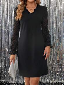 EMERY ROSE Women's Elegant V-Neck Fitted Black Long Sleeve Dress For Work, Autumn