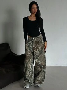 Livesso 1 件女士全印花宽松休闲牛仔裤，简约时尚，适合日常穿着 - 綠色 - 查看 8