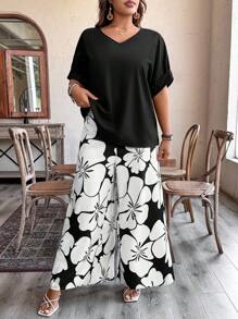 SHEIN LUNE 2 件/套大码女式编织纯色蝙蝠袖 T 恤和松紧腰宽松花卉印花裤，优雅休闲度假装 - 黑色 - 查看 5