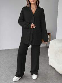 SHEIN Maternity Solid Drop Shoulder Coat And Drawstring Waist Pants Two Pieces Sets, Suitable For Autumn And Winter - Black - View 4