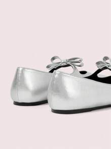 CUCCOO DOLLMOD Women's Cute Minimalist Flat Shoes With Oblique Square Toe, Silver Color, Bowknot Decor Valentine's Day