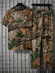 SHEIN Manfinity Dauomo 2pcs/Set Men's Branch Print Short Sleeve T-Shirt And Pants Set - Multicolor - View 4