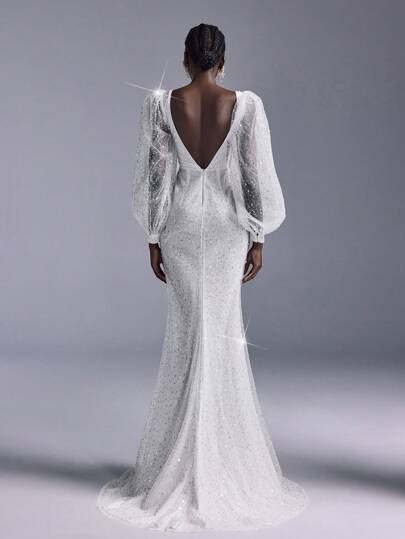 SHEIN Belle Elegant Romantic Luxurious White Pearl Beaded Mesh Embroidered Deep V-Neck Puff Sleeve Mermaid Silhouette Backless Wedding Dress Suitable For Weddings