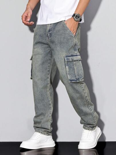 Manfinity Homme Pantalones cargo de mezclilla casual lavados para hombre