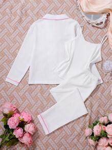 Tween Girls 3pcs Set: White Cardigan With Bow Cuff & Collar, Long Pants And Camisole, Casual Lounge Wear - Multicolor - View 2