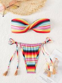 SHEIN Swim Spring Break Women Beachwear Summer Outfit, Vintage Rainbow Print Fringe Lace-Up Bandeau Backless Bikini Two Pieces Set, Festival Boho - Multicolor - View 5