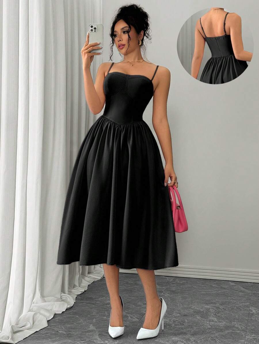 Rafferiza 时尚百搭约会派对细肩带腰部喇叭形优雅黑色连衣裙，适合女士，秋冬季 - 黑色 - 查看 1