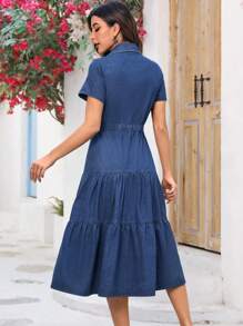 SHEIN LUNE Women's Casual Front Button Short Sleeve Denim Dress, Vacation Style - Dark Wash - View 2