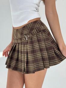 Aloruh 优雅褶皱低腰短裙，复古格子 Y2K 别致中长短裙，适合秋冬季 - 卡其色 - 查看 1
