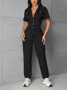 SHEIN SXY Women's Front Button Short Sleeve Pocket Casual Denim Jumpsuit - Black - View 5