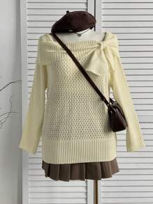 Flirla Suéter de tricô com laço, tamanho grande, fofo e delicado, estilo vintage, essencial para meninas fofas, suéter de tricô para outono/inverno. - Damasco - Ver 3