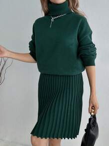 SHEIN LUNE 秋冬季大码休闲宽松针织毛衣套装 - 綠色 - 查看 3