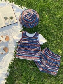 SHEIN 4pcs/Set Baby Boy/Girl Summer Retro Print Knit Soft Round Neck Short Sleeve Top, Elastic Waist Shorts, Solid Color Vest, Hat
