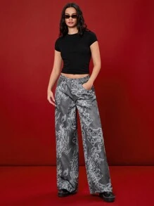 Manfinity VCAY Unisex Dragon & Cloud Print Wide Leg Zip-Up Pants With Belt Loops, Relaxed Fit, Woven - Black - View 4