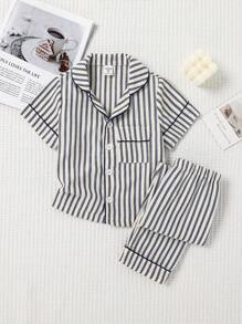 2 件套年轻男孩条纹短袖衬衫和休闲长裤家居服套装 - 藍白色 - 查看 1