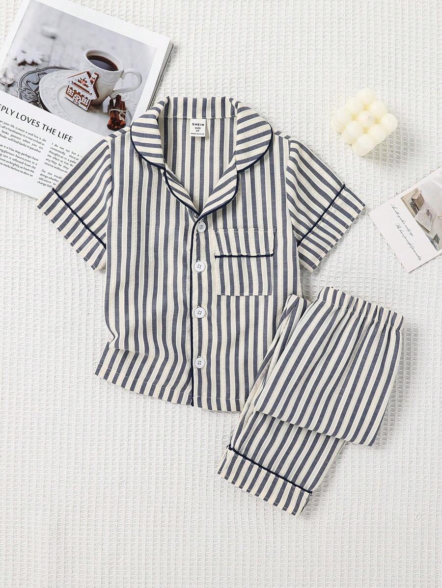 2 件套年轻男孩条纹短袖衬衫和休闲长裤家居服套装 - 藍白色 - 查看 1