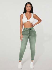 SHEIN PETITE Casual Distressed Vintage Slim Fit Denim Pants - Army Green - View 4